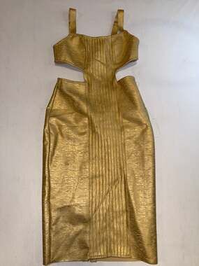 RIVIR Gold Metallic Cutout Bandage Midi Dress